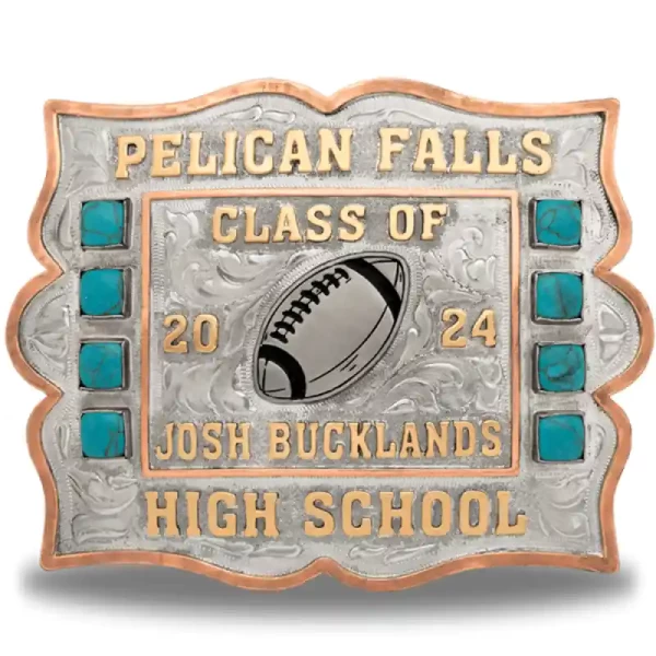 A custom silver and turquoise belt buckle for Pelican Falls High School featuring a football figure 